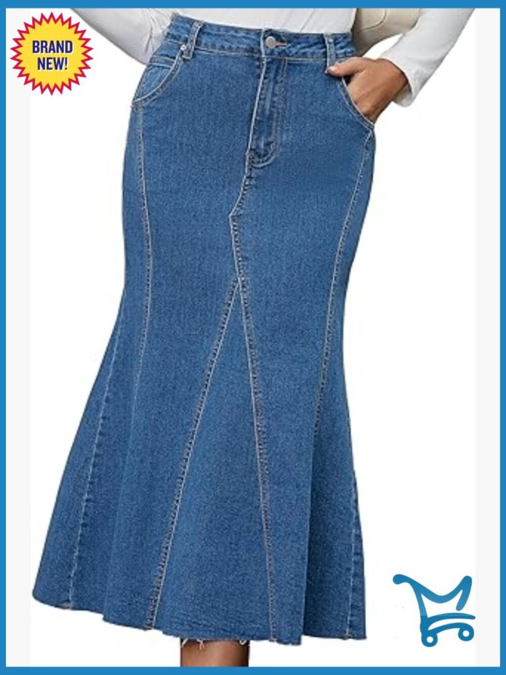 High Waisted Fishtail Long Denim Skirt Midi Fit and Flare Stretchy